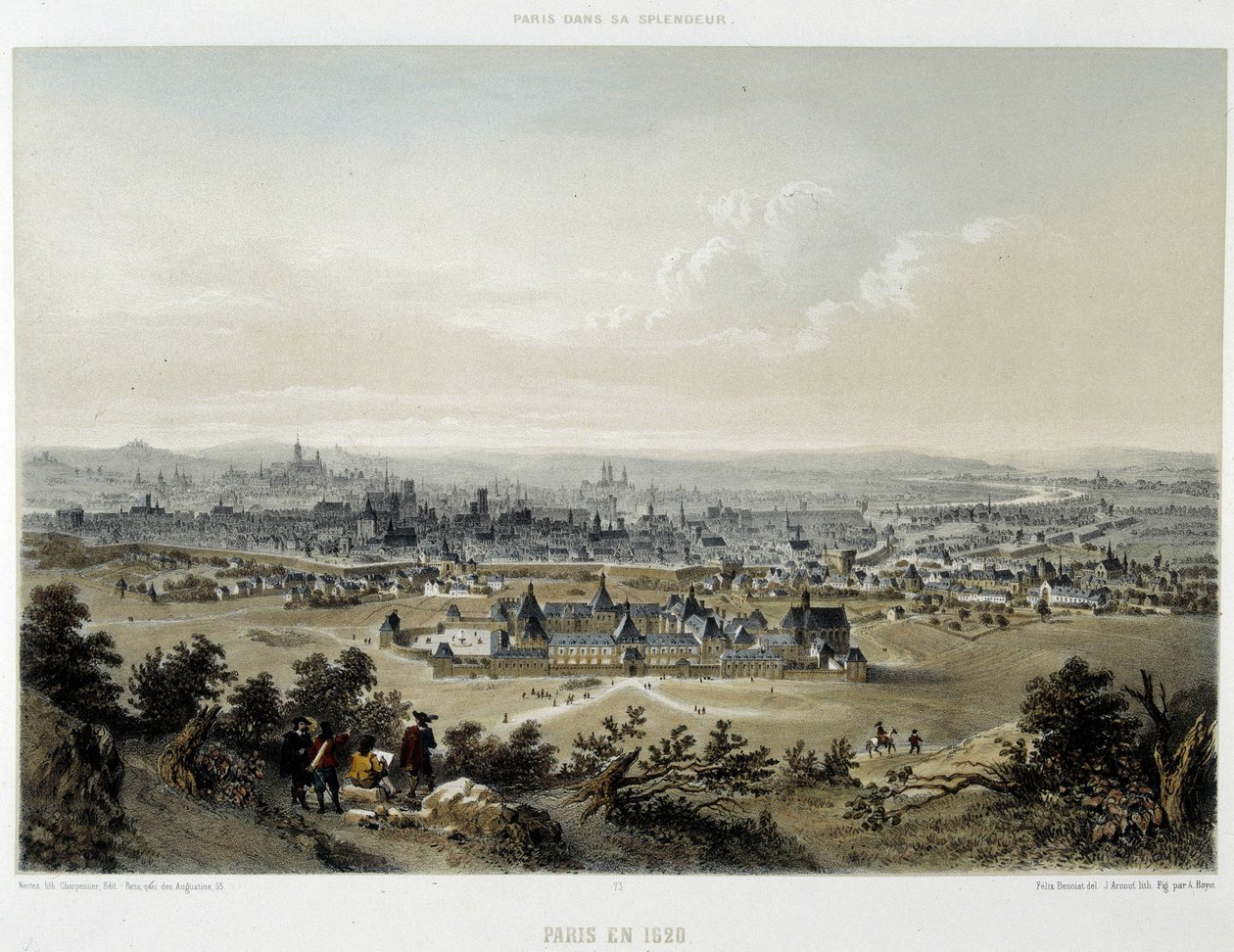 Paris em 1620, visão geral tirada do Butte Chaumont - litografia de Unknown artist