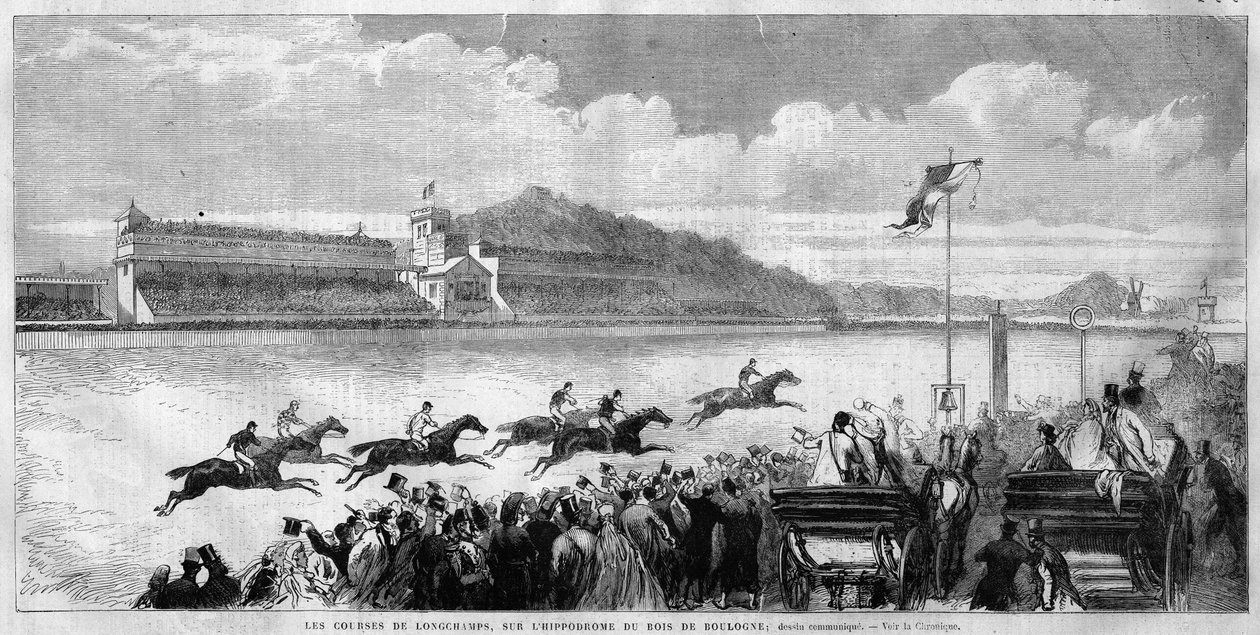 Paris, corrida no hipódromo de Longchamps no Bois de Boulogne, ampliada e desenhada por Haussmann e inaugurada em 1857, em "L