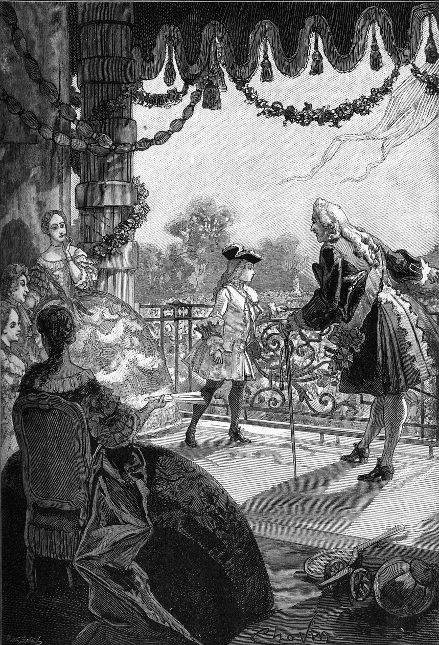 Paris, as Tuileries (1721): Rei da França Luís XV (1710 - 1774), apresentando-se na varanda das Tuileries. Gravura do século XIX. No "Histoire de France" de Jules Michelet de Unknown artist