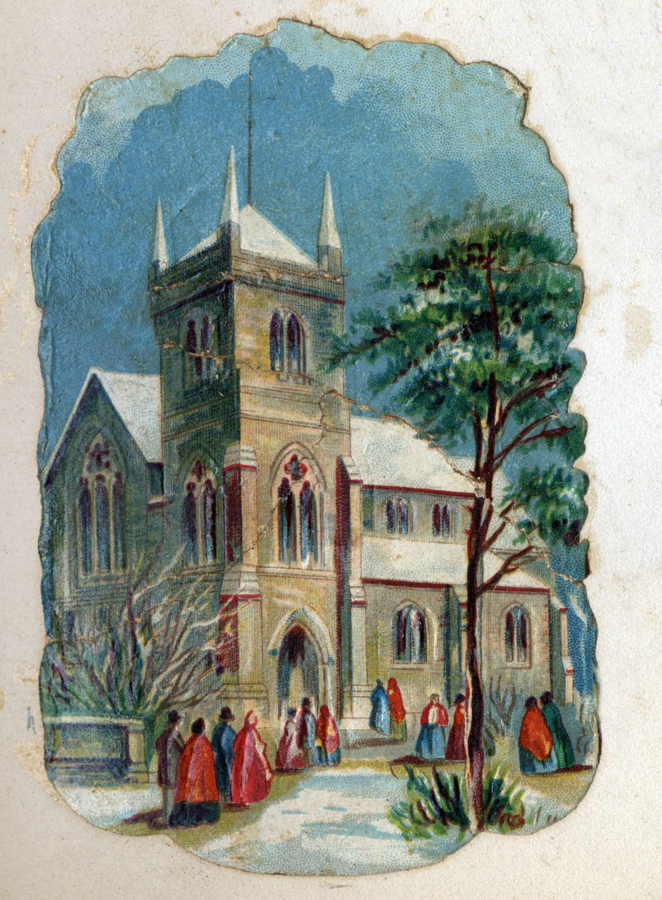Os paroquianos vão a uma igreja para a missa dominical. Cromolitografia por volta de 1890. de Unknown artist