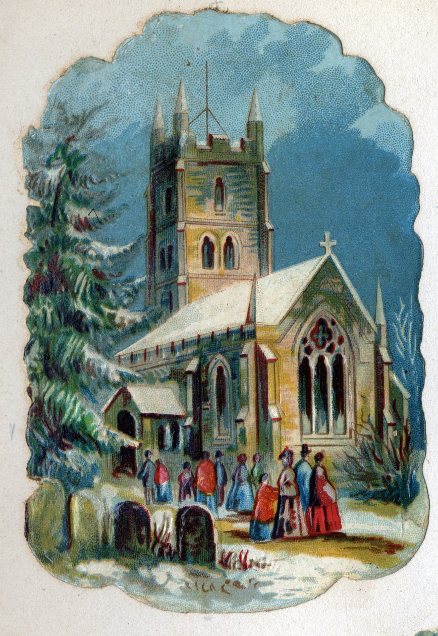 Os paroquianos vão a uma igreja para a missa dominical. Cromolitografia por volta de 1890. de Unknown artist