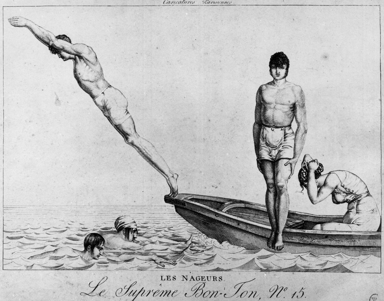 Desenho animado parisiense: nadadores, homens mergulhando de um barco - o supremo Bon-Ton, n°15, Musee Carnavalet de Unknown artist