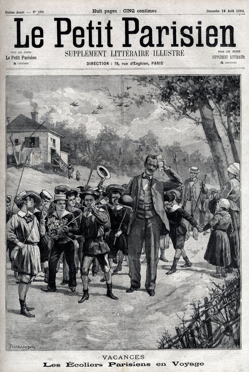Férias escolares parisienses em uma viagem ao campo. Gravura em "Le Parisien". de Unknown artist