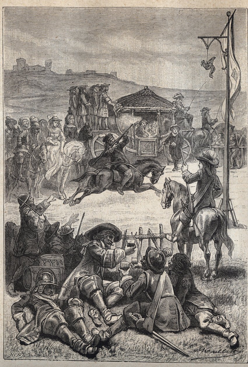Parrot Shooting - ilustração do século XIX para o romance histórico "Os Puritanos da Escócia" (Old Mortality) de Walter Scott (1771-1832) de Unknown artist