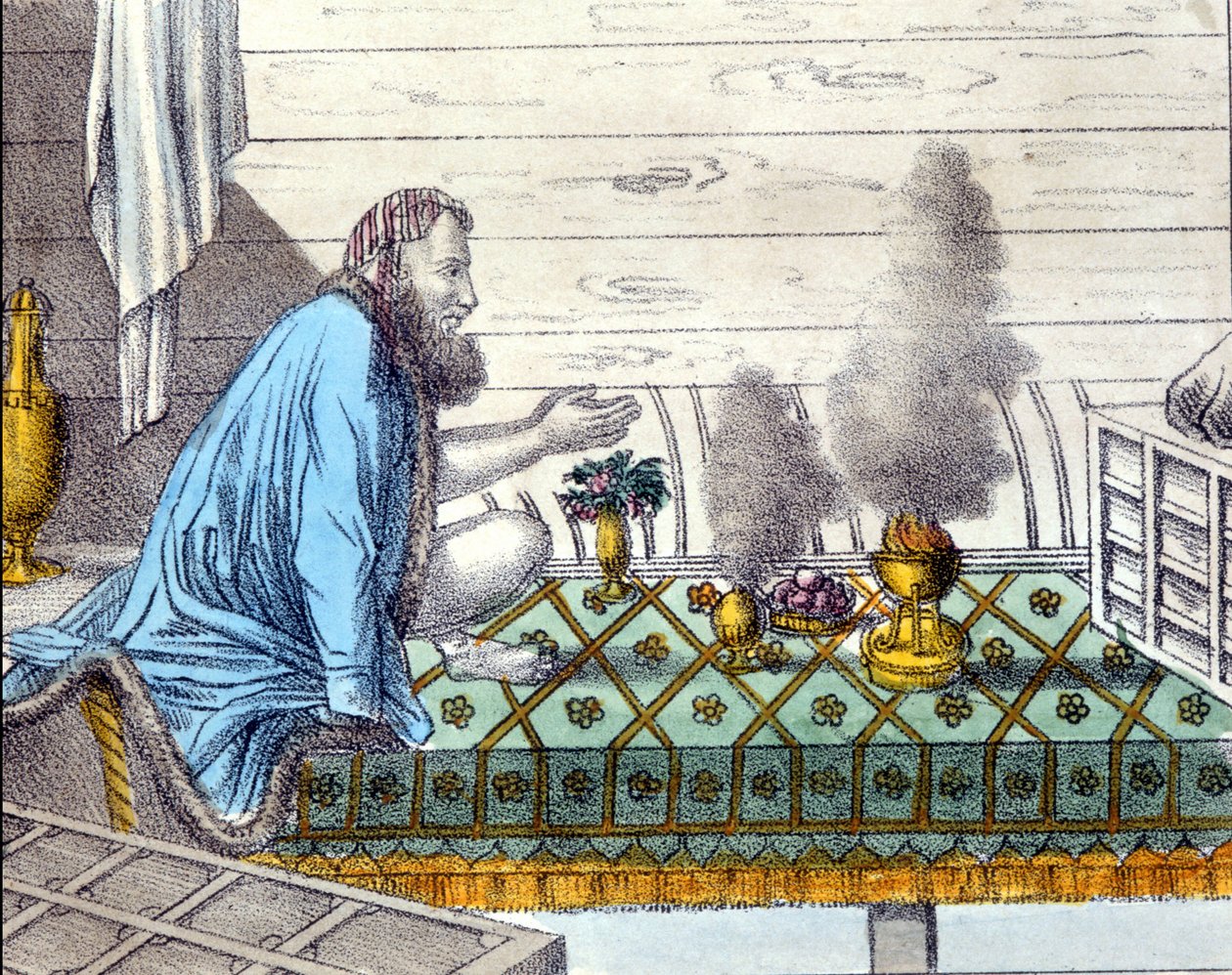 Parsis (descendentes dos zoroastrianos da Pérsia que emigraram para a Índia a partir do século VIII) em adoração ao fogo. de Unknown artist