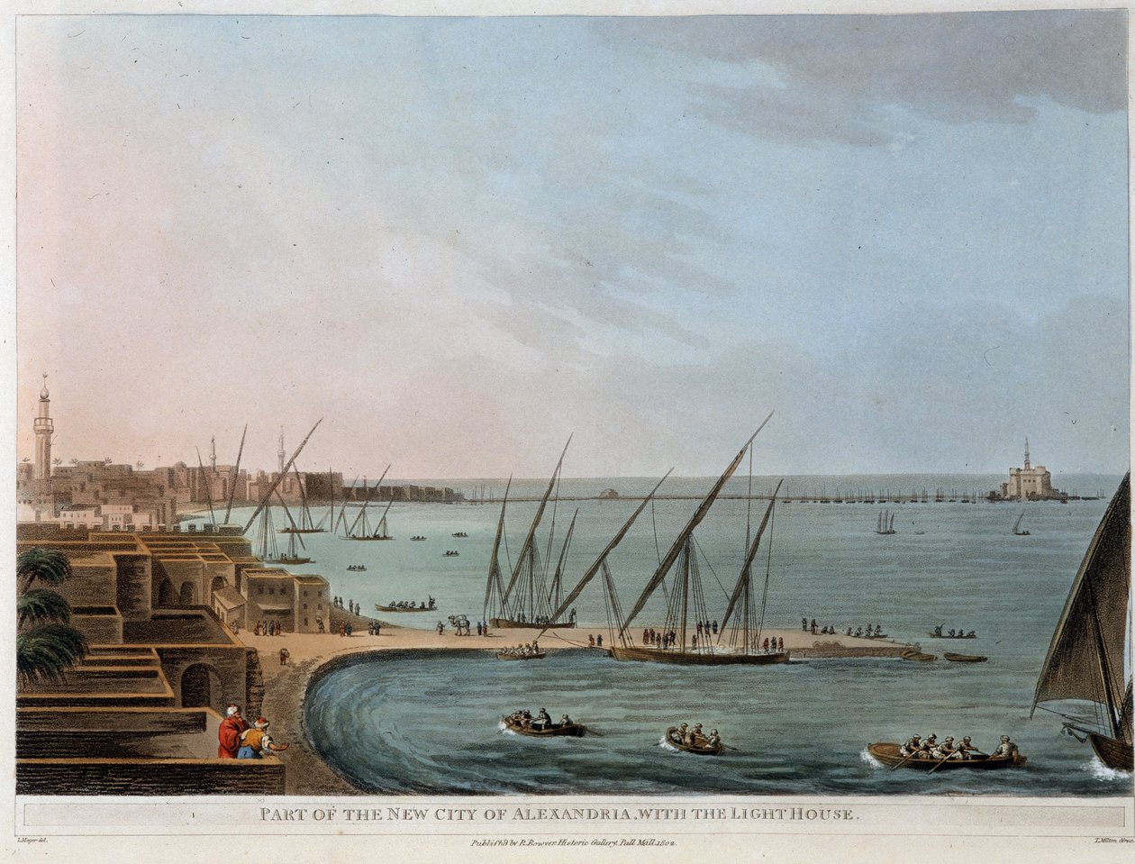 Parte da nova cidade em Alexandria, com a casa da luz - em "Vistas no Egipto, Palestina e outras partes do Império Otomano". de Unknown artist
