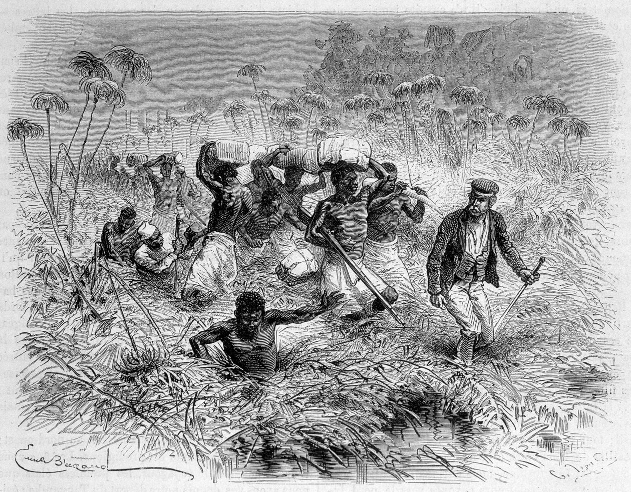 Passage of the Chisera by Livingstone and its Porters - "A última viagem de Livingstone 1866-1873" em "Volta ao Mundo", 2º semestre. 1875 de Unknown artist