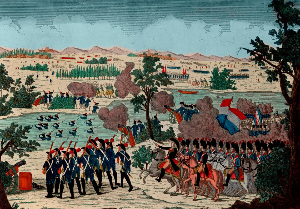 Passagem do Mincio em 11 Prairial ano IV (20 de Dezembro de 1800) pelos granadeiros franceses. Sob os olhos do Bonaparte General en Chefe - Gravura - 1800 - A Batalha de Pozzolo (também conhecida como a Batalha do Rio Mincio, e Monzambano) - A passagem do de Unknown artist