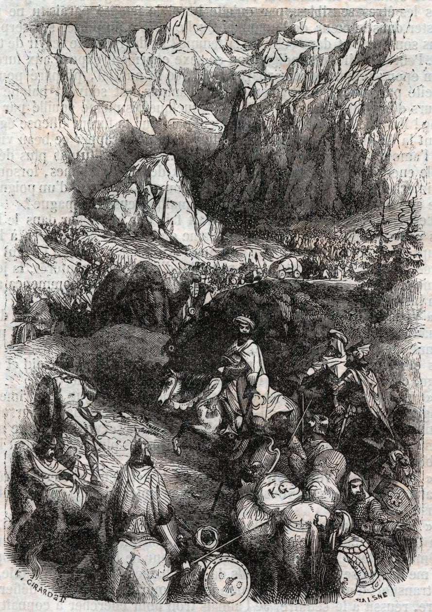Passagem dos Pirinéus pelos Mouros - gravura de 1851 de "Furious Roland" (Orlando furioso) (século XVI) de Ludovico Ariosto, conhecido como Ariosta - Edição traduzida do italiano pelo Conde de Tressan e publicada por Gustave Harvard 1851 de Unknown artist