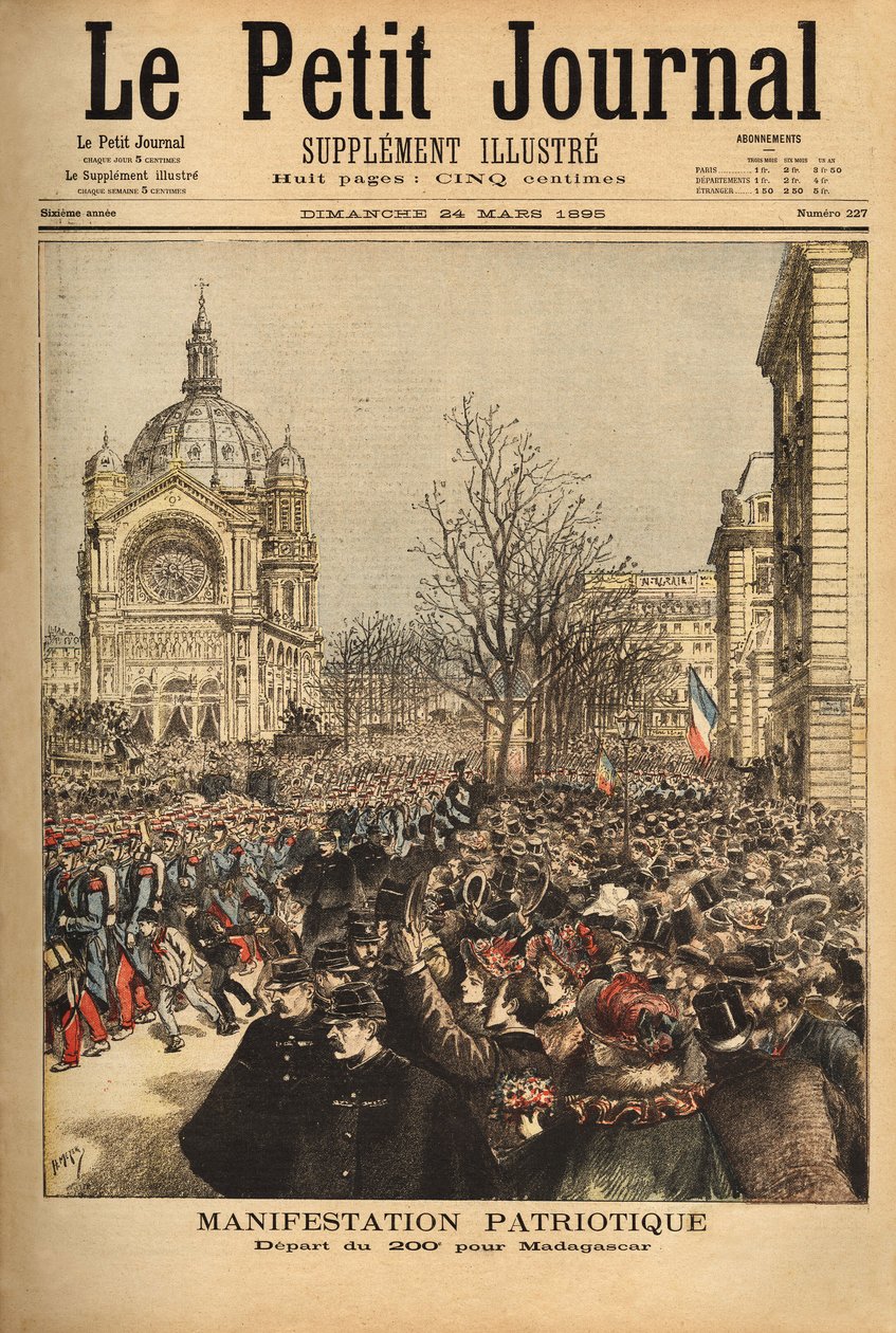 Manifestação patriótica em Paris, para o início do 200º regimento de Madagáscar. Gravação no "Le petit journal" 24/03/1895. A colecção da Selva. de Unknown artist