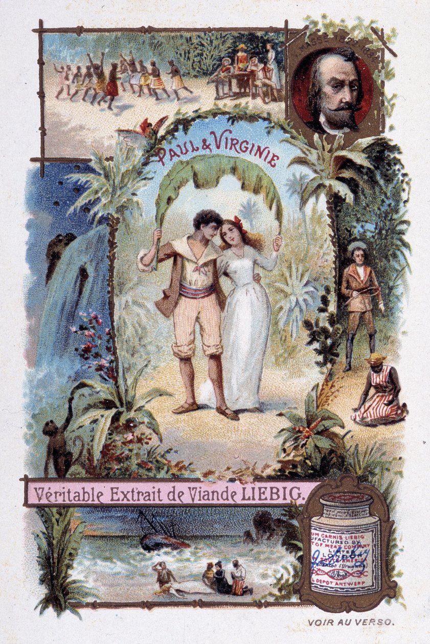 Paul e Virgínia. Romano por Henri Bernardin de Saint Pierre (Saint-Pierre ou St-Pierre), escritor francês (1737-1814). Ilustração de V. Massé - Liébig, vinheta publicitária de Unknown artist