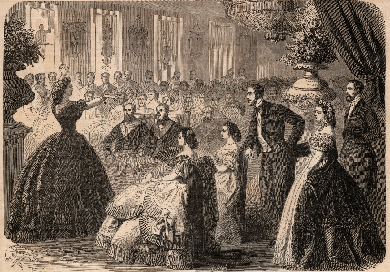 Pauline Viardot-Garcia (Viardot Garcia) (1821-1910), cantora francesa na Festa da Caridade dada pela Pousada Maconnique "La perseverante friendship" no Grande Oriente de Paris. Gravura em "Le Monde illustrious" de 1862. Coleção particular. de Unknown artist