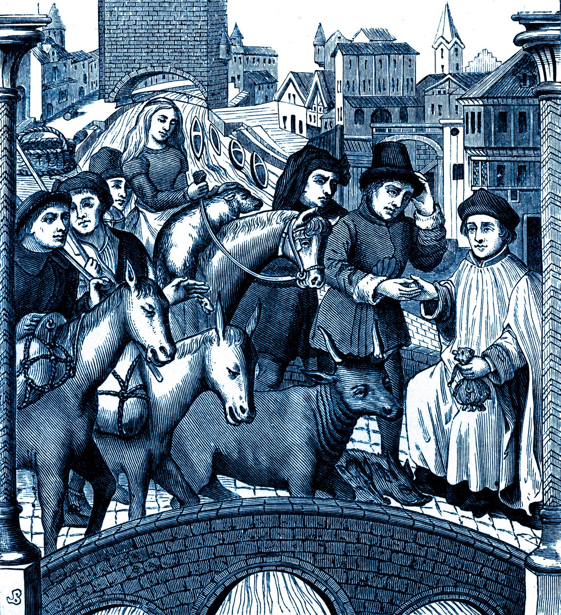 Pagamento de portagens ao passar uma ponte, em Tournai (gravura) de Unknown artist