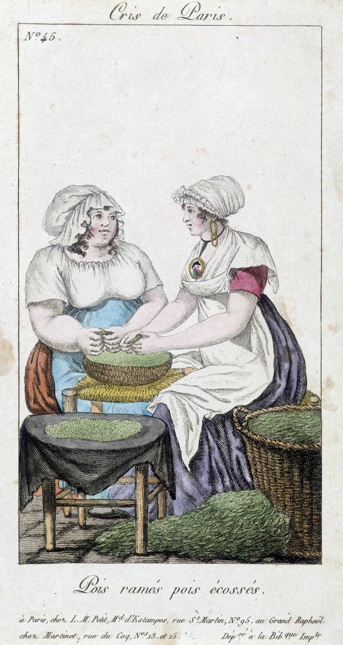 Comerciantes de ervilhas: duas mulheres a desfazer-se de ervilhas. "Ervilhas em fila, ervilhas escocesas" - em "Cris de Paris", deb. Século XIX de Unknown artist
