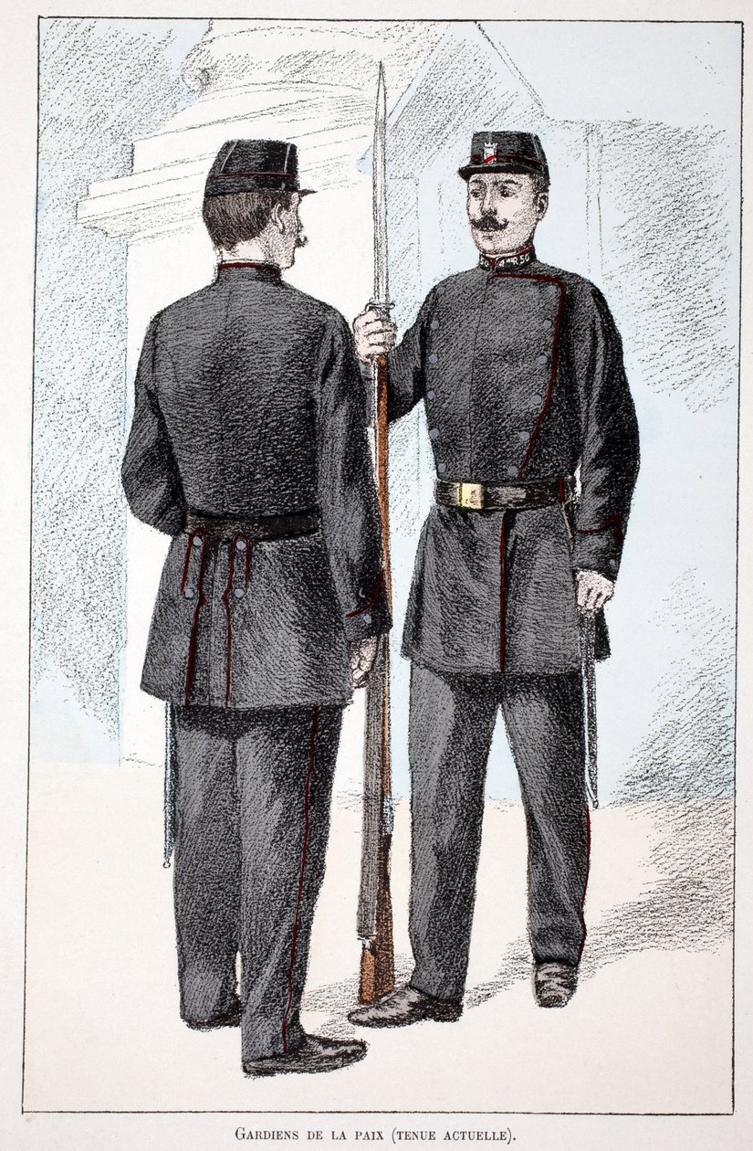 Peacekeepers (período Lepine). Gravura colorida, para ilustração do livro "Histoire du corps des gardiens de la paix" publicado sob os auspícios de Louis Lepine (1846-1933) prefet de police de la Seine, de Alfred Rey (1864-?) e Louis Feron (1862-?) de Unknown artist