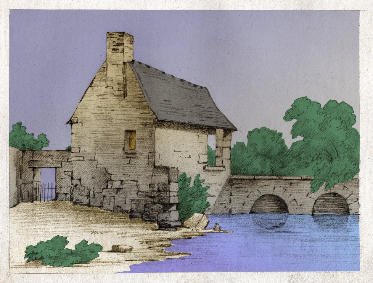 Casa de camponeses na beira de um rio. (Desenho, por volta de 1830) de Unknown artist