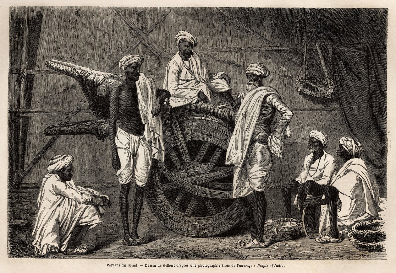 Camponeses de Scind (região de Punjab, Índia), junto à sua maquinaria agrícola. Gravura para ilustrar a viagem a Pandjab e Caxemira, história de Guillaume Lejean, em 1866, publicada na "Le tour du monde, nouveau journal des voyages", sob a direcção de Unknown artist