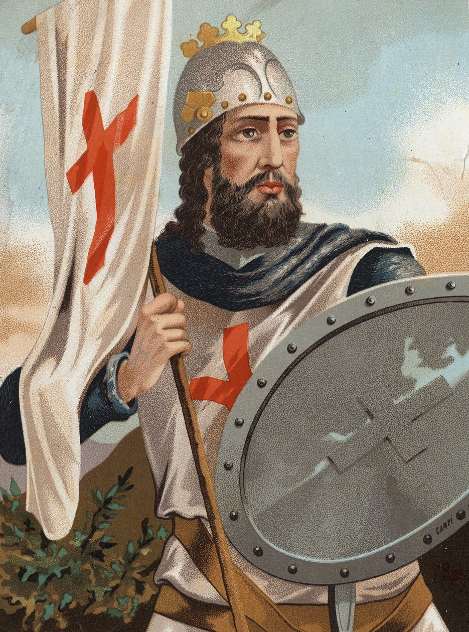 Pelagius of Asturias - Pelage the Conquerant - Retrato de Pelayo Rei das Astúrias e Cabeça dos Visigodos ( , 718 em Cangas, 737). depois de hombres y Mujeres celebra. Barcelona 1877. de Unknown artist