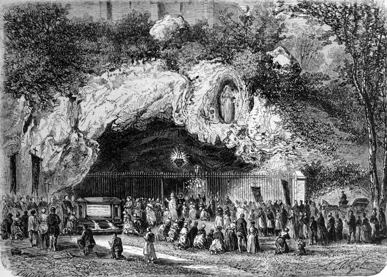 Pelerins em frente à caverna milagrosa de Lourdes, nos altos Pirinéus, onde a Virgem apareceu a Bernadette Soubirous (1844-1879) em 1858, atual lugar de peregrinação. Gravura do século XIX de Unknown artist