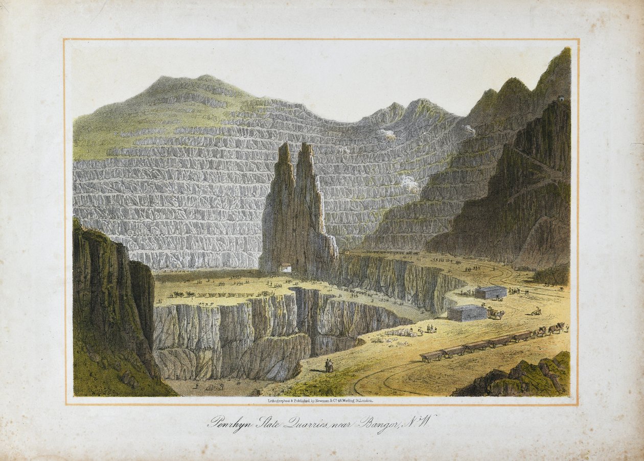 Penrhyn Slate Quarries, perto de Bangor, País de Gales do Norte (litografia colorida à mão sobre papel) de Unknown artist