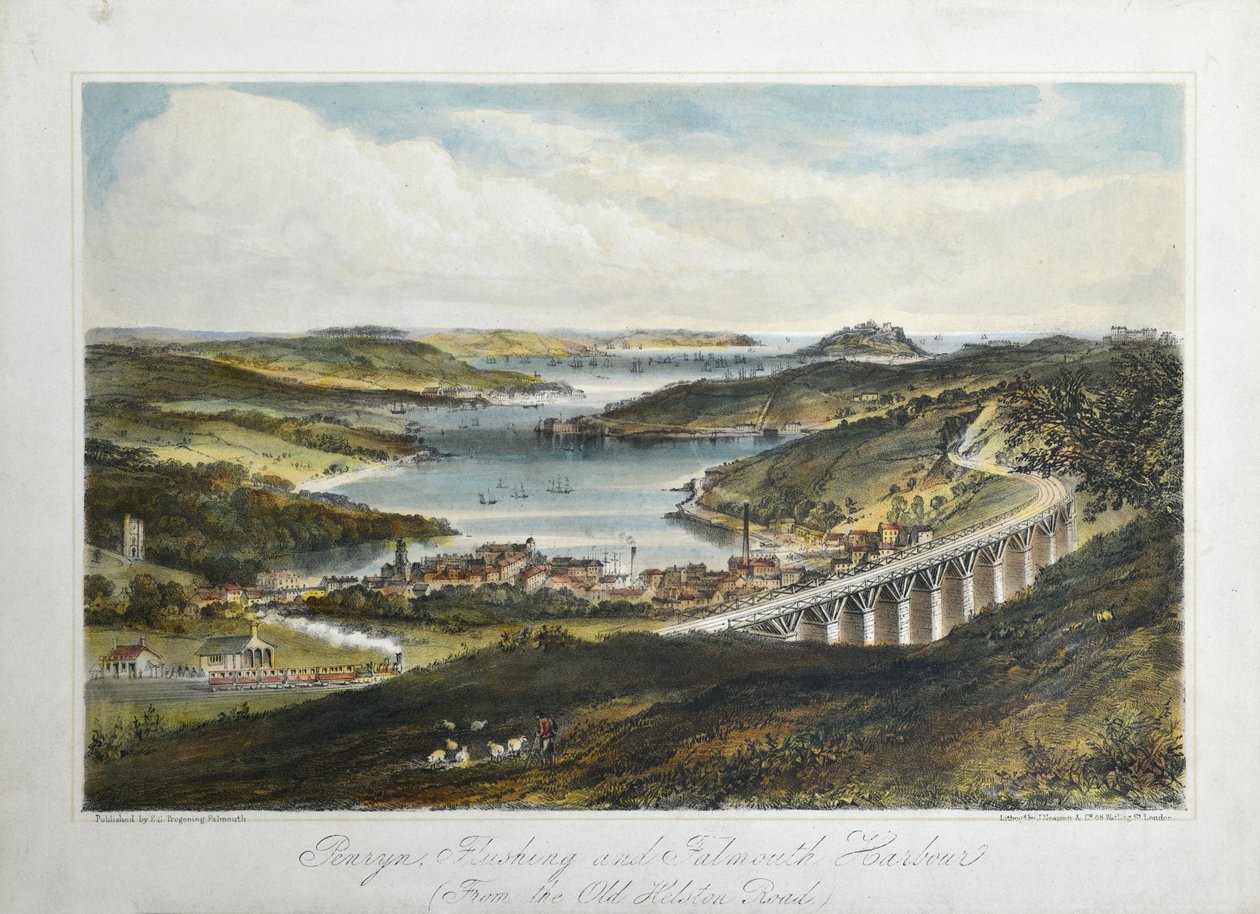 Penryn, Flushing e Falmouth Harbours (from the Old Helton Road), c.1860-80 (litografia colorida sobre papel) de Unknown artist