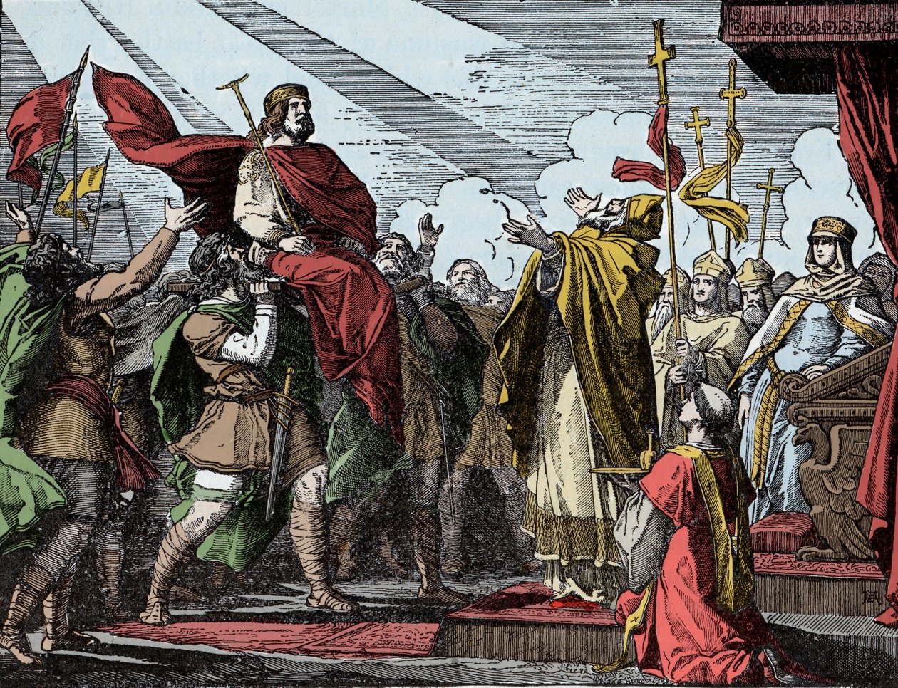 Pepin Proclamado Rei dos Francos - Sagrado de Pepin, o Breve (714-768), Basílica de Saint Denis, 28 de Julho 754: o Papa Estêvão II consagrou-o Rei dos Francos e Patrício dos Romanos (Patricius Romanorum) de Unknown artist
