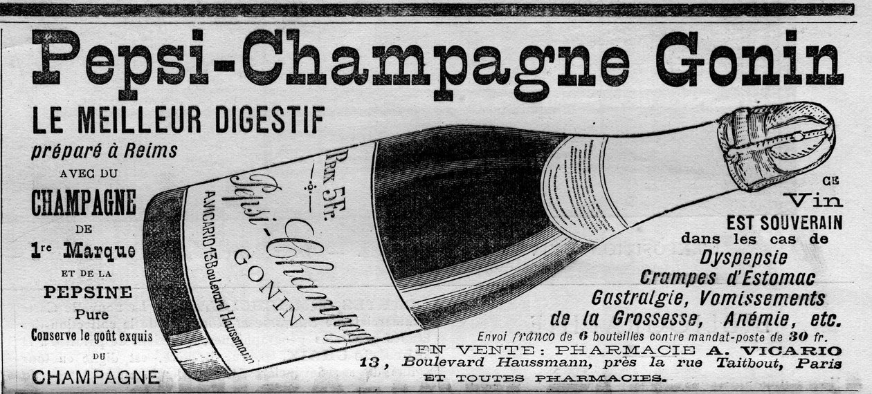 Pepsi Champagne Gonin (Pepsi-Champagne da marca Gonin). Digestif preparado em Reims com champagne e Pepsin. O álcool aconselha em caso de dispepsia, cólicas estomacais, gastralgia, vómitos de gravidez, anemia... (para venda em farmácias). Gravação em " de Unknown artist