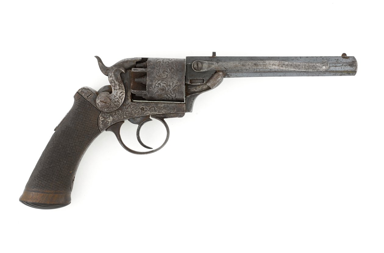 Revolver de percussão com martelo lateral, possivelmente calibre .38 polegadas, c.1860s (revólver, percussão, martelo lateral) de Unknown artist