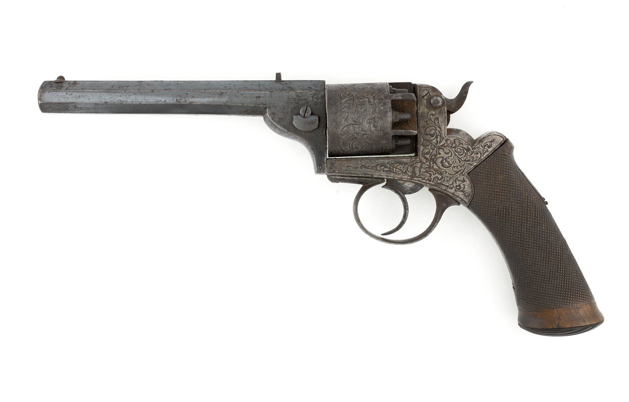 Revolver de percussão com martelo lateral, possivelmente calibre .38 polegadas, c.1860s (revólver, percussão, martelo lateral) de Unknown artist