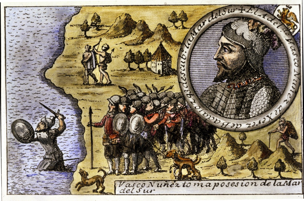 Desempenho de Vasco Nunez de Balboa (1475 - 1517), navegador espanhol que foi um dos primeiros a descobrir o Oceano Pacífico, atravessando o Estreito de Darien. Gravura de Unknown artist