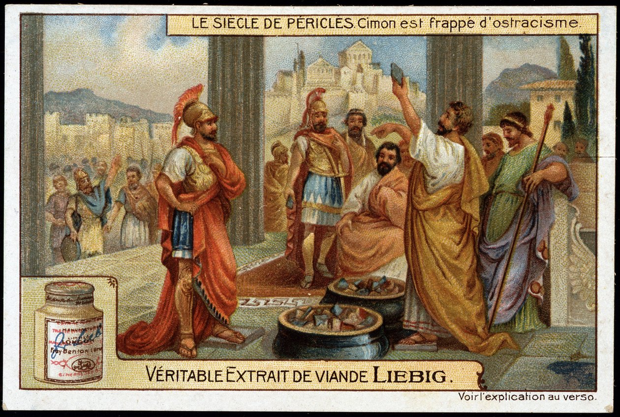 Século Péricles (495-429 AC): estadista e estratégia Cimon (510-449 AC) é atingido pelo ostracismo, em 461 AC - Cromolitografia de Liebig de Unknown artist