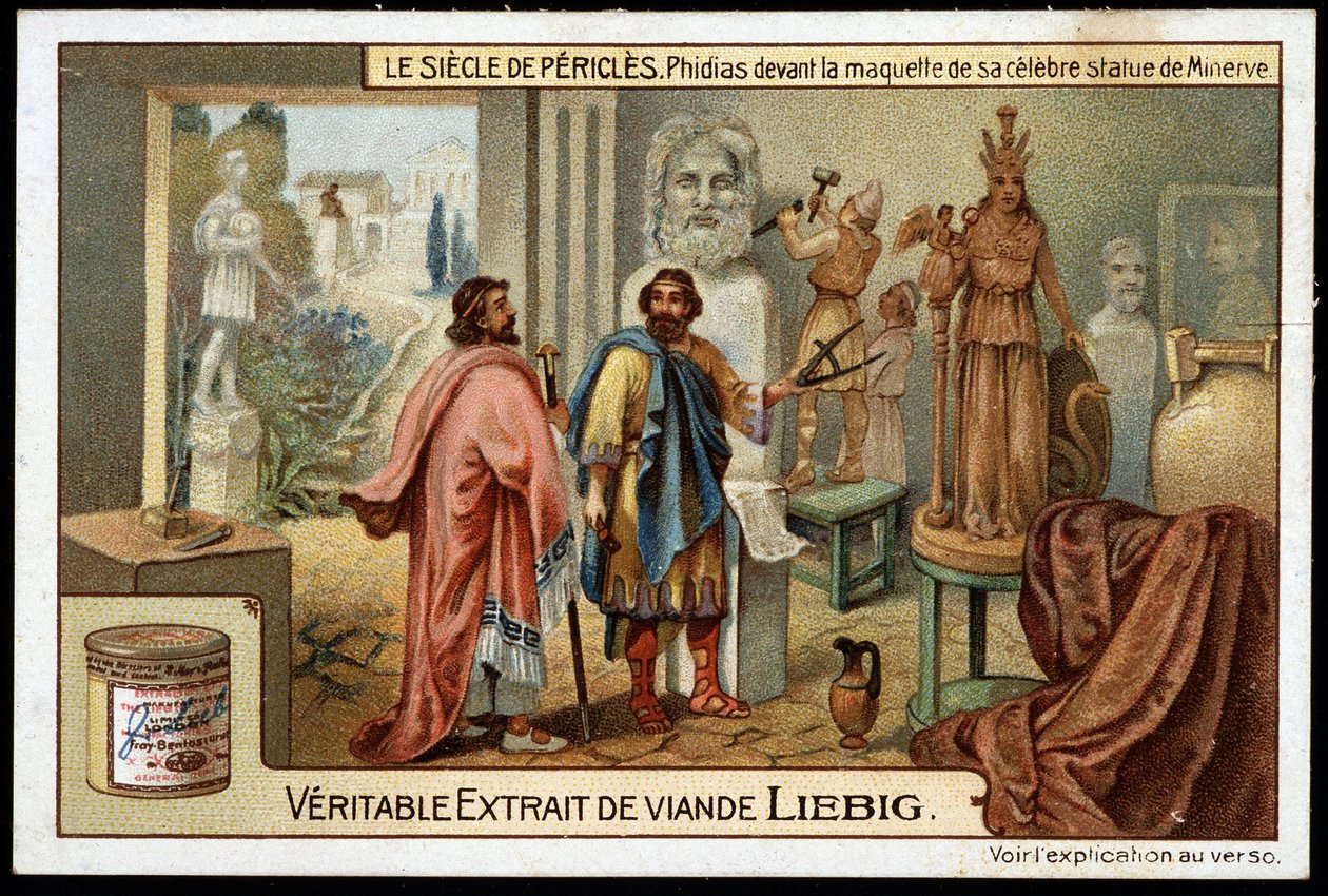 Século Pericles (495-429 AC): o escultor Phidias (490-430 AC) em frente ao modelo da sua famosa estátua de Minerva - Cromolitografia de Liebig de Unknown artist