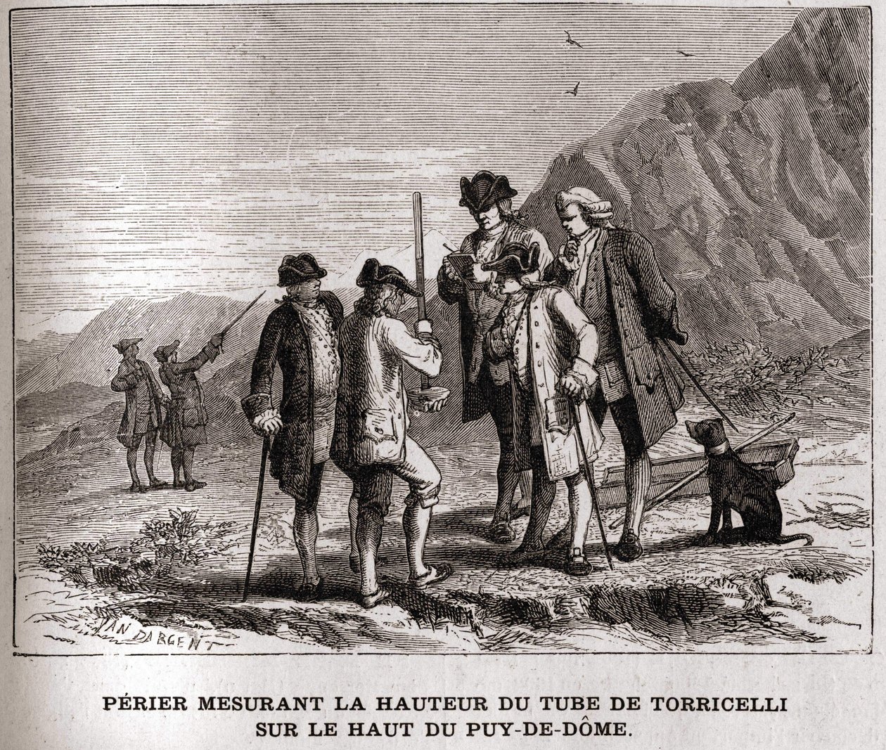 Perier medindo a altura do Barômetro (tubo de mercúrio) pela Evangelista Torricelli ou Toricelli no topo do Puy-de-Dôme em 20 de setembro de 1618, gravura do século XIX, coleção Bianchetti. de Unknown artist