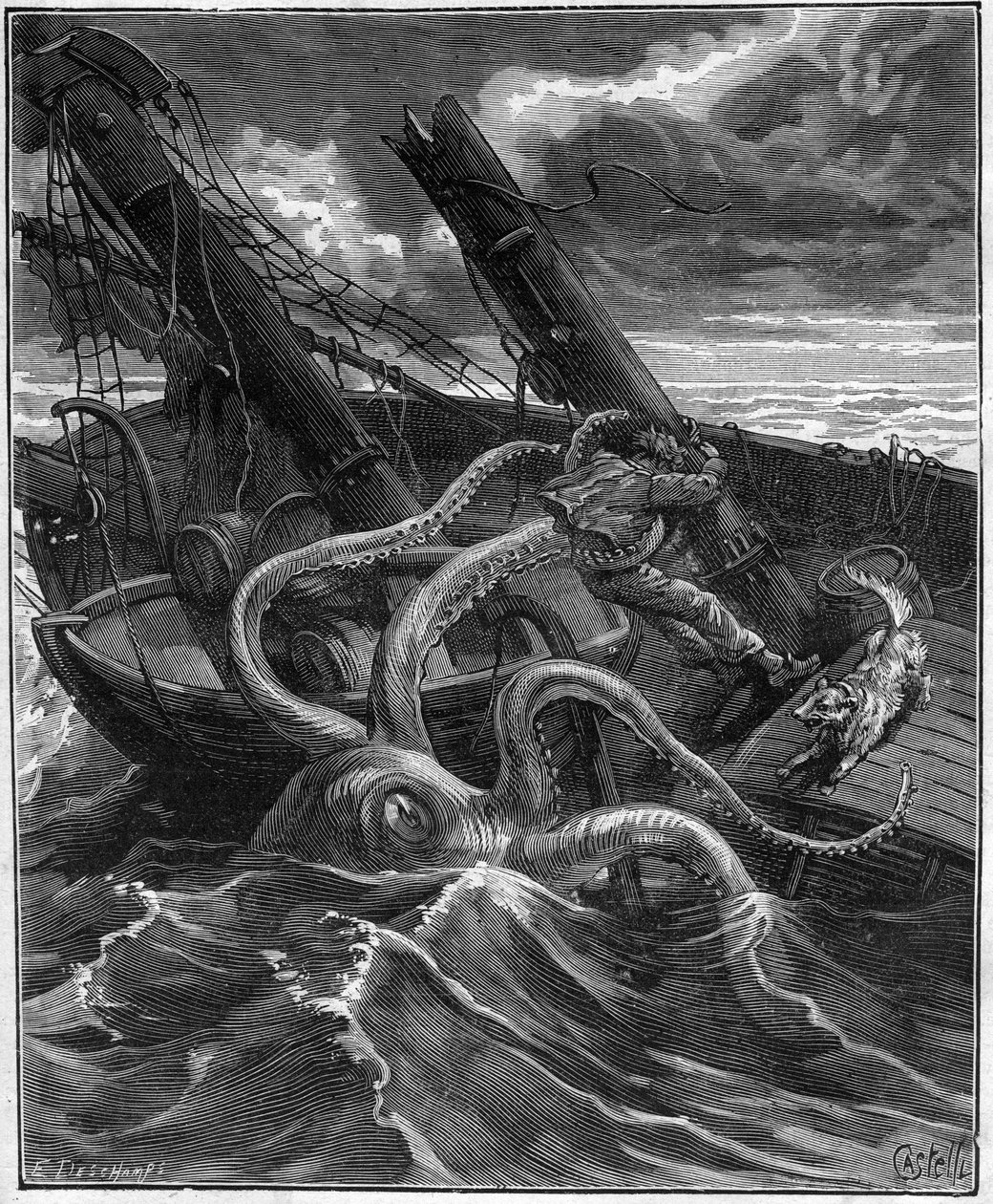Perilleous Adventures Of Narcissus Nicaise In Congo - por Armand Dubarry 1836 -1910 - tinha à sua frente um formidável monstro marinho (Polvo gigante) (Polvo gigante) - gravura em Journal des voyage de 1881 - de Unknown artist