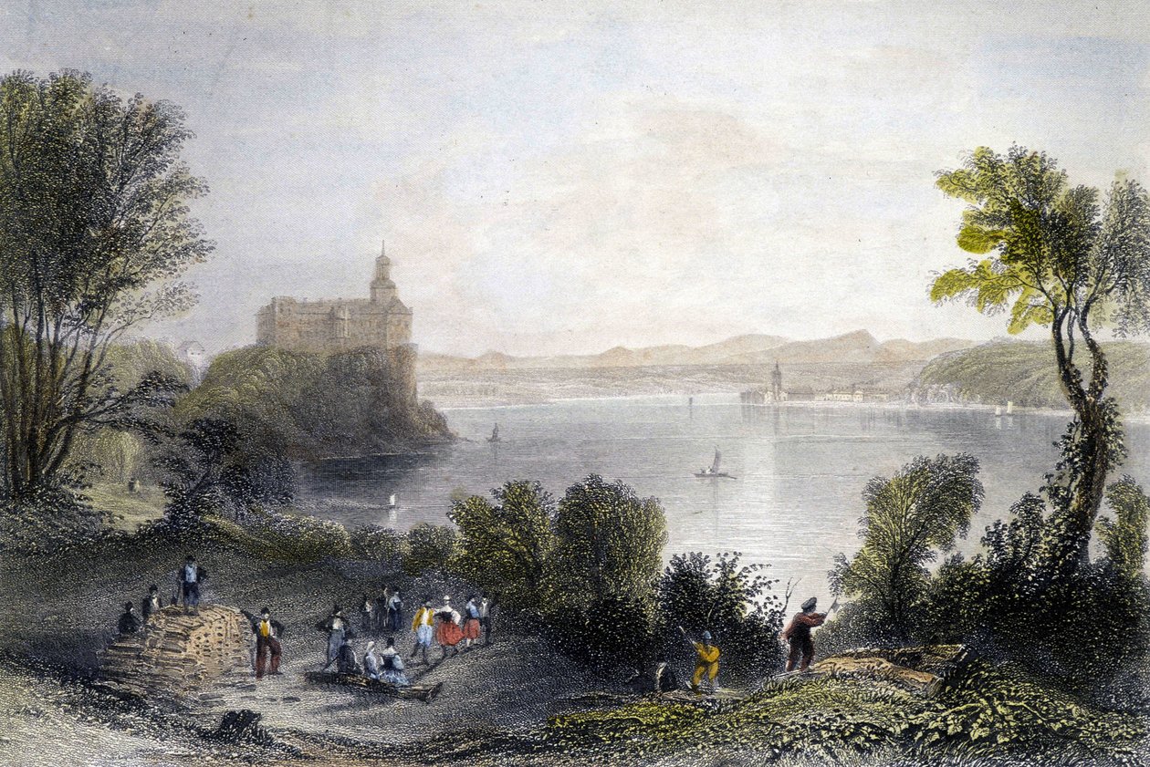 O Castelo de Persenberg, na Alemanha. Em primeiro plano, os carpinteiros a trabalhar. A gravura do século XIX. de Unknown artist