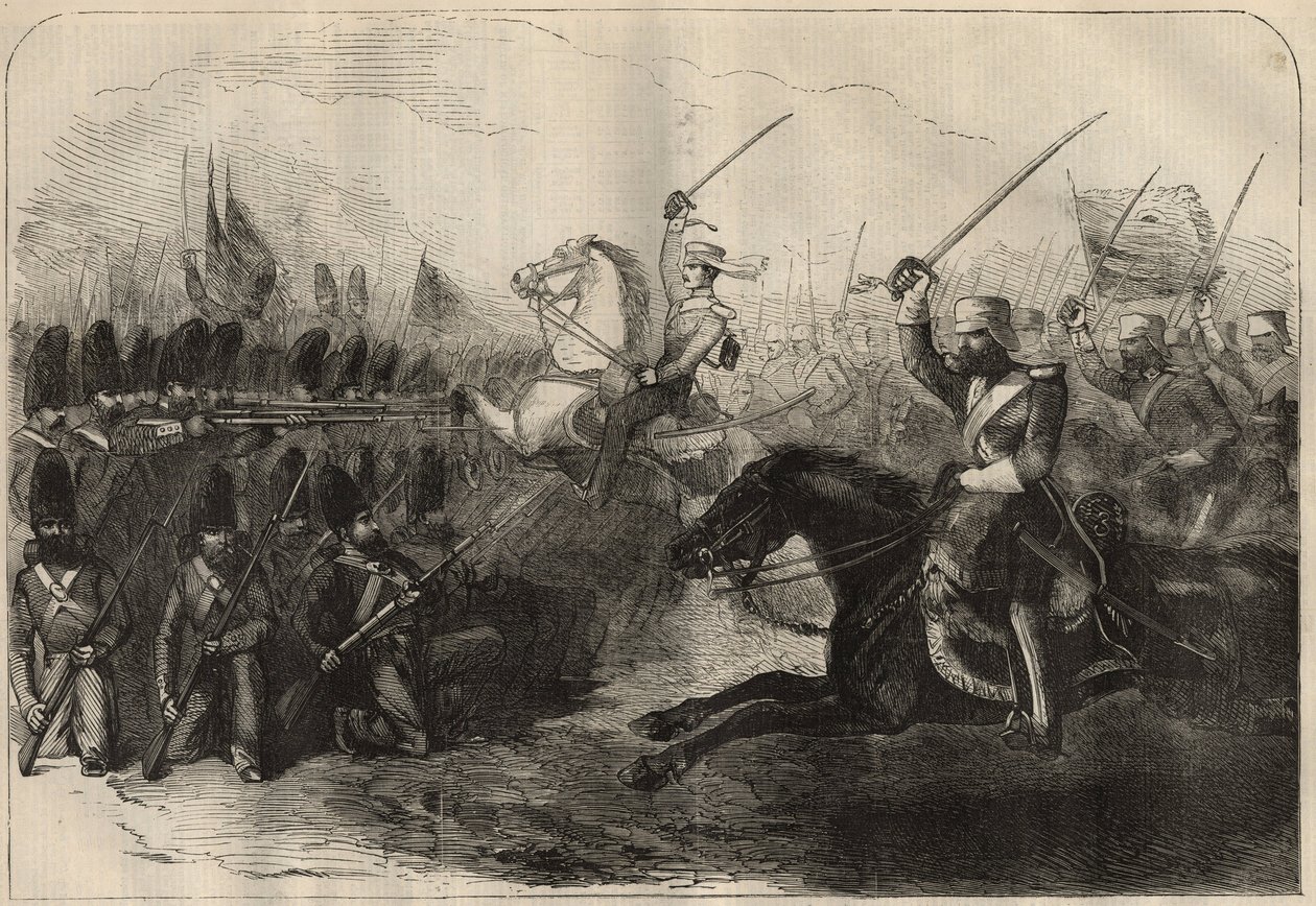Guerra Anglo-Persa Persa (1856-1857): a carga da 3ª Cavalaria Britânica Indo comandada pelo Capitão Forbes durante a Batalha de Koosh-Ab (Koosh Ab, Kooshab) em 8 de fevereiro de Unknown artist