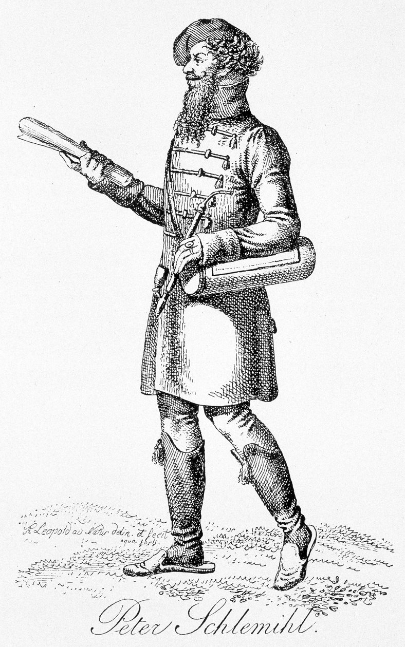 Peter Schlemihl, personagem principal de "A maravilhosa história de Pierre Schlemihl" de Aldebert Von Chamisso - gravura de Unknown artist