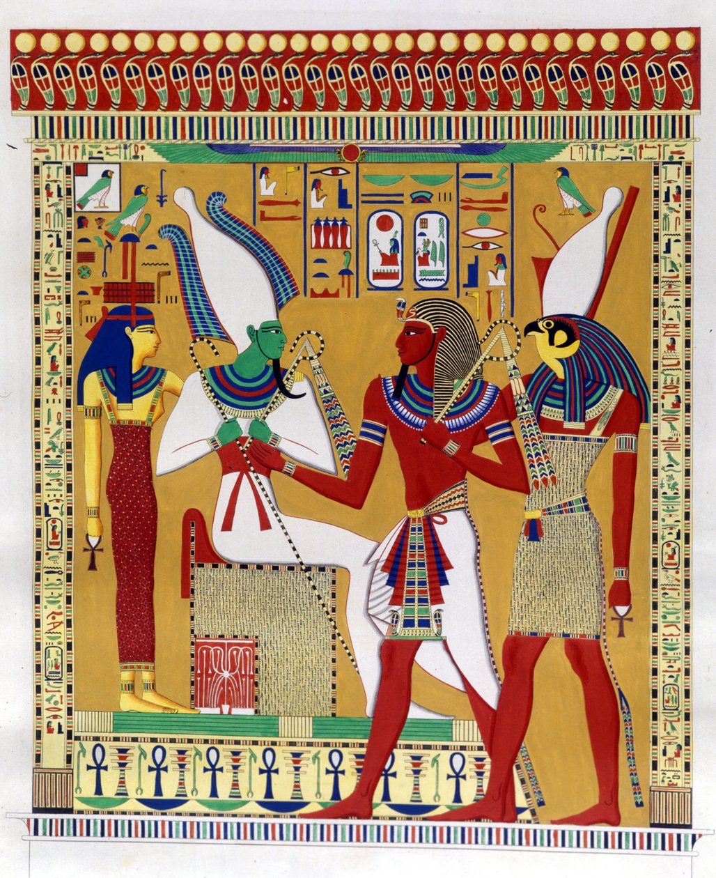 Faraó Merenptah 1º (ou Mineptah, Merneptah) (1213-1204 AC) guiado por Horus na presença de Osíris e Athyr infernal. A partir da esquerda: Athyr, Osíris, Merenptah I e Horus. (Biban-el-Moluk) - em "Monumentos do Egito e Núbia Superior" por Ippolito Rosel de Unknown artist