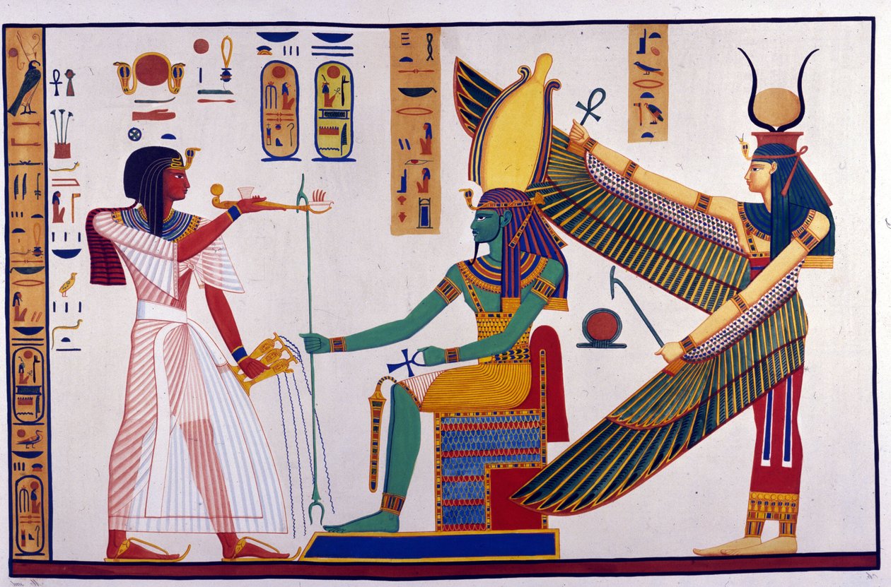 O Faraó Ramsés IV faz ofertas ao Ptah-Sokari-Osiris. Atrás de Osíris está a Ísis. (Túmulo de Bibah-el-Moluk) - em "Monumentos do Egito e Núbia Superior" por Ippolito Rosellini (Rossellini). de Unknown artist