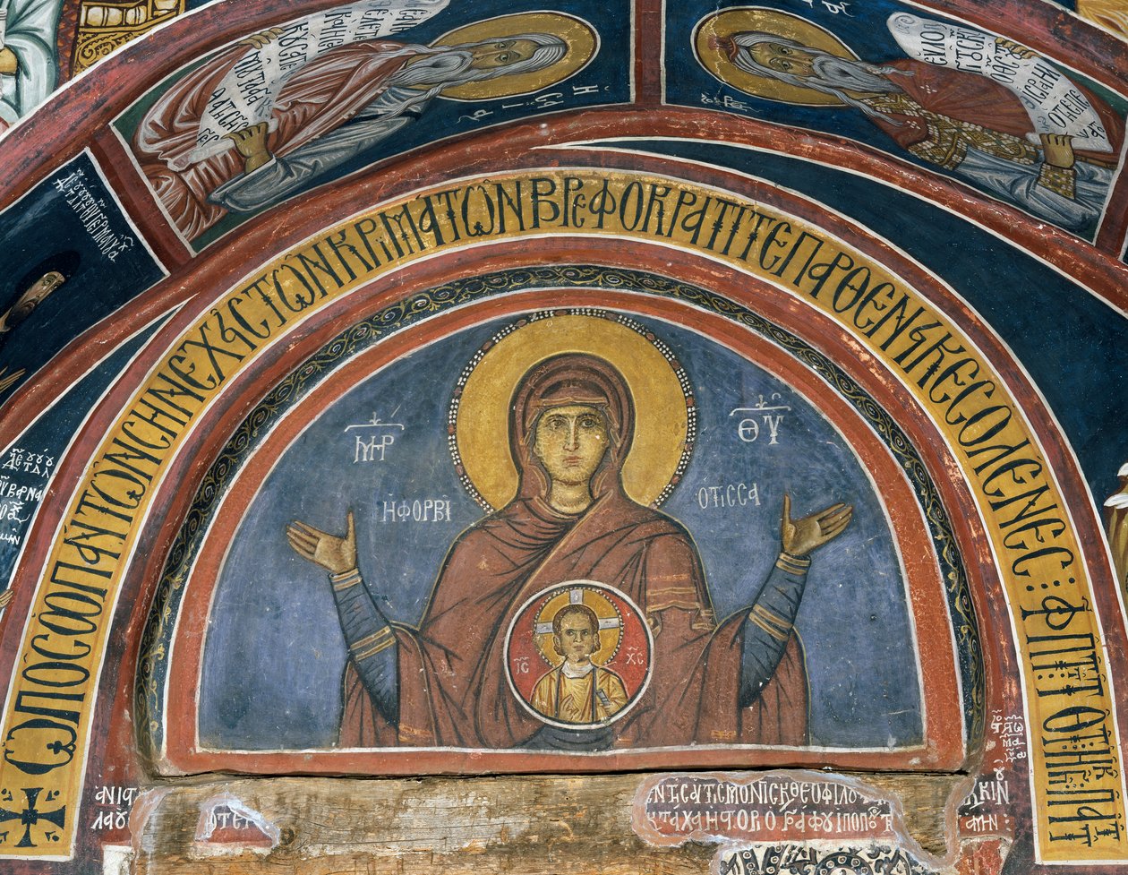 Phorbiotissa Panagia, Nossa Senhora de Cristo em Medalhão, fresco (1332-1333), igreja bizantina de Nossa Senhora de Asinou (século XII) (Lista do Património Mundial da Unesco, 2001), montanhas de Troodos, Chipre de Unknown artist