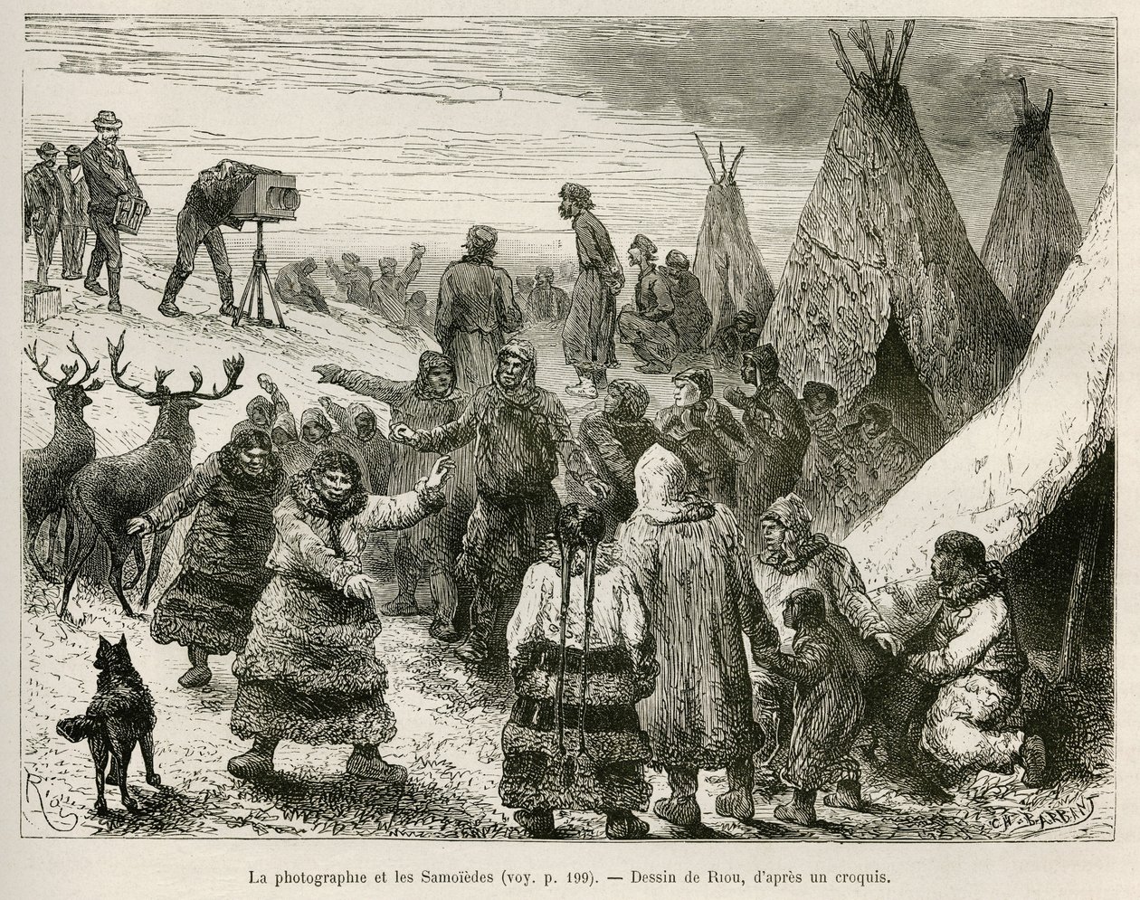 Fotografia e Samoiedes da região de Caborova (Suécia), desenho de Riou, para ilustrar a história do Professor Nils Adolf Erik (Eric) Baron Nordenskjold (Nordenskiold) (1832-1901): Expedição Polar Sueca de Unknown artist