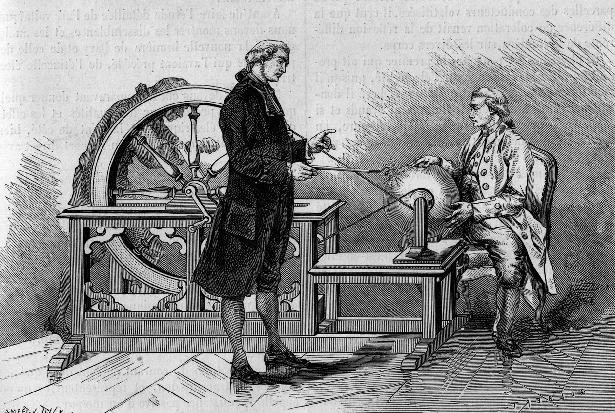 Experiência física no século XVIII: brilho produzido por uma máquina eléctrica. (De Abbe Nollet). Gravura em "La Nature: Revue des sciences et de leurs applications aux arts et a l