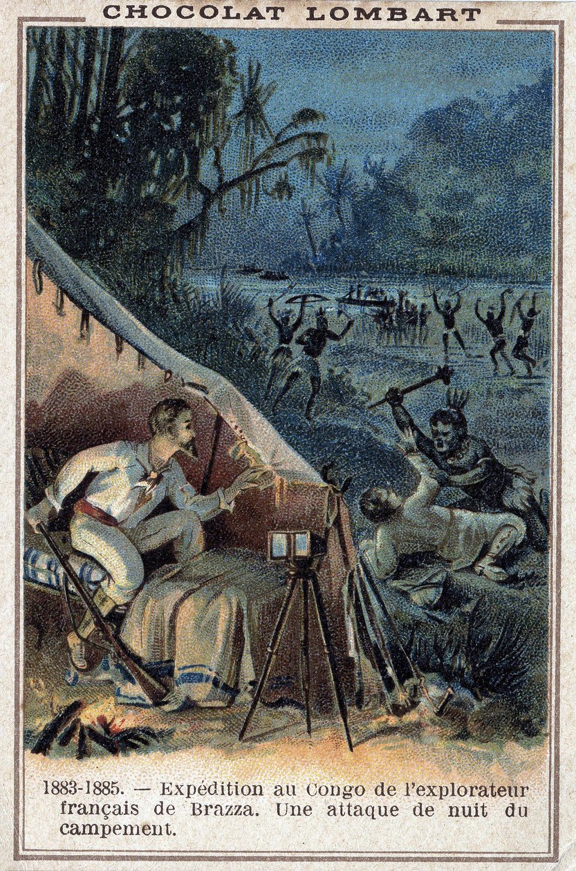 Pierre Savorgnan de Brazza (1852-1905), explorador francês, nas margens do Congo. Um ataque nocturno do campo. de Unknown artist