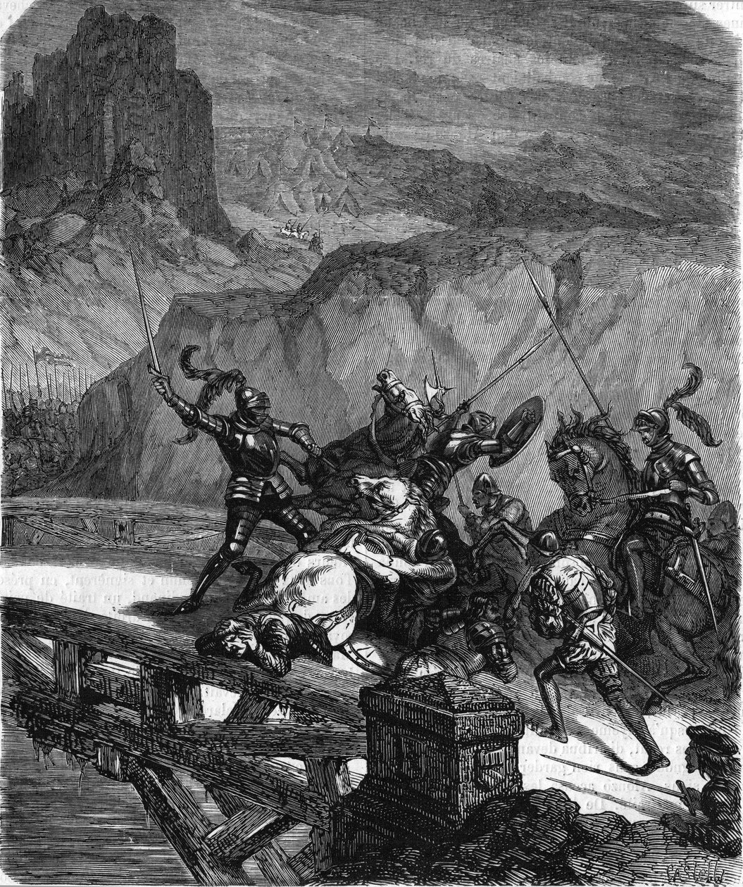 Pierre Terrail, senhor de Bayard, defendendo a Ponte Garigliano (Itália) em 1503. Gravura do século XIX. de Unknown artist