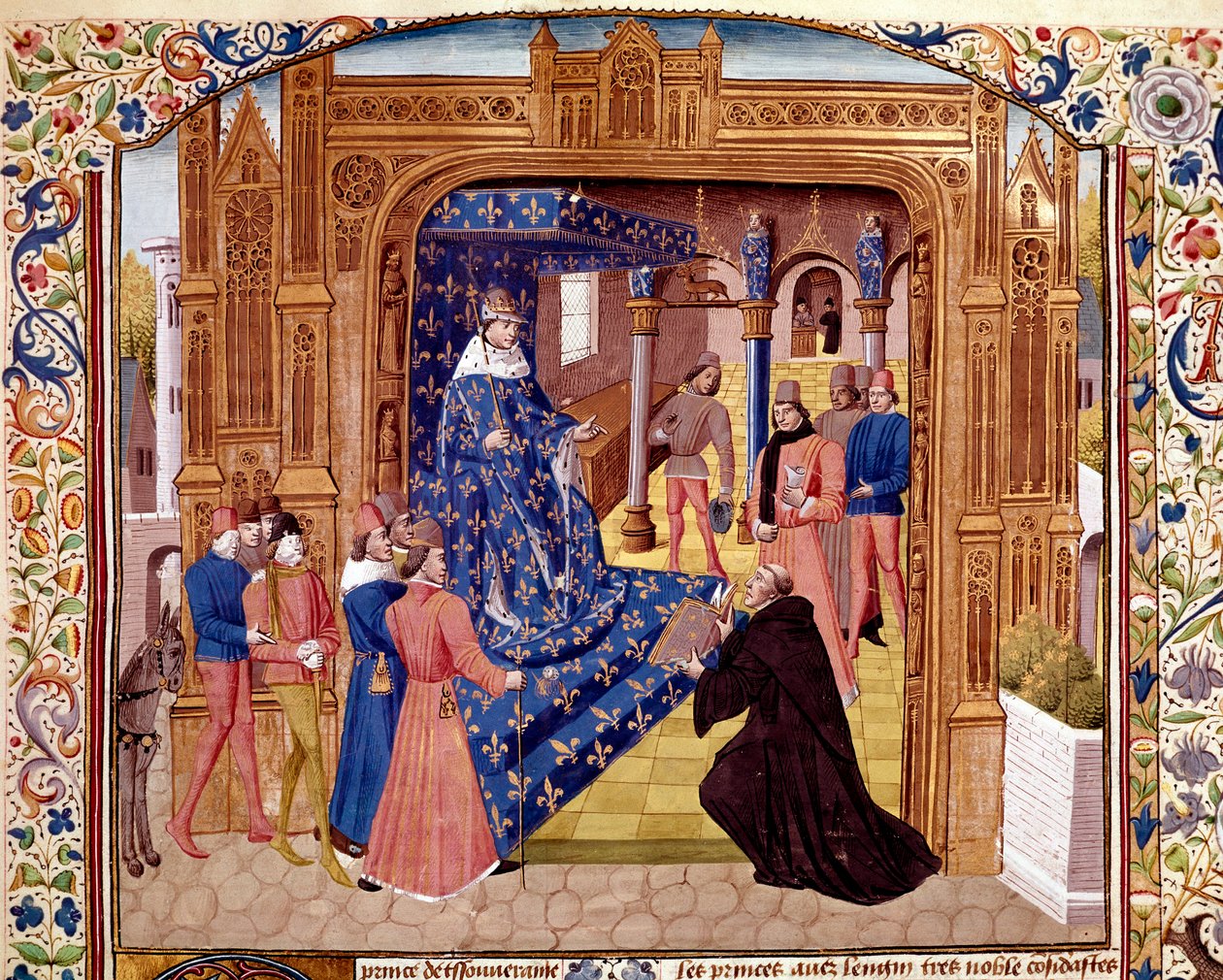 Pierre de Bressuire oferece seu livro a João II o Bom na ilha do Cite em Paris Miniatura de "Histoire romaine" (Ad urbe condita) de Titus Live (59 AC-17 AD) (Titus Livius), traduzido por Pierre Bressuire (ms. 310) 1450-1500 Chantilly, musa de Unknown artist