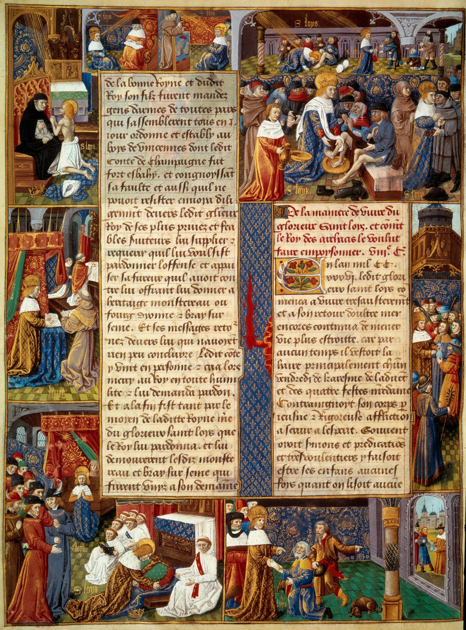 Cena da tarte: "Rei Luís IX (1214-1270) (Saint Louis) lavando os pés dos pobres, o rei orando e cenas de caridade cristã do rei" Miniatura de um manuscrito "O Livro de Fatos de Monsenhor Saint Louis" do século XV. Paris, B.N de Unknown artist