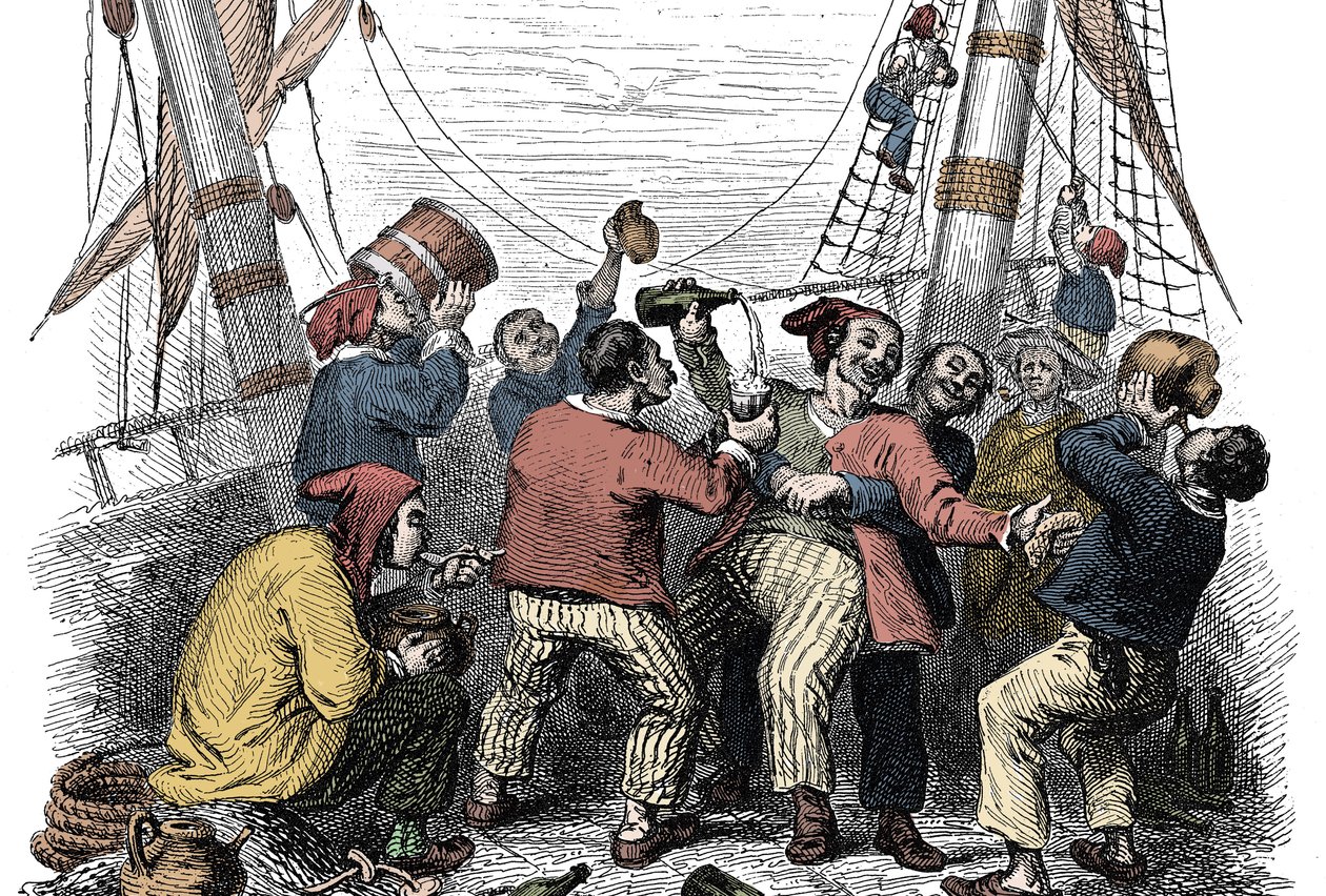 Piratas celebrando a captura de um rico saque após o ataque de um navio inimigo. Gravura do século XIX de Unknown artist