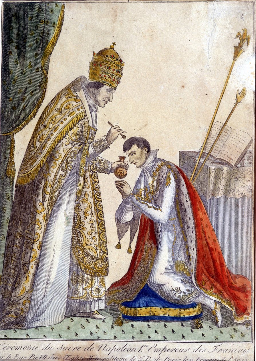 Pio VII (Pio ou Pio) (1742-1823) ungido Napoleão I durante a coroação do imperador francês em 2 de Dezembro de 1804 em Notre Dame de Paris - gravura do século XIX de Unknown artist