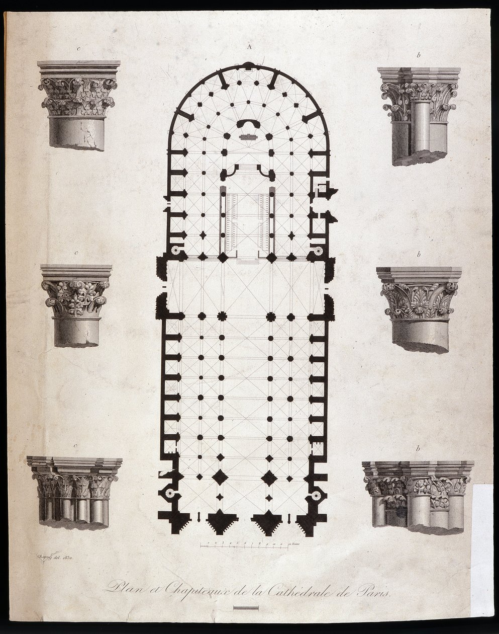 Plano e capitais da catedral de Notre Dame (Notre-Dame) em Paris. Século XIX. de Unknown artist
