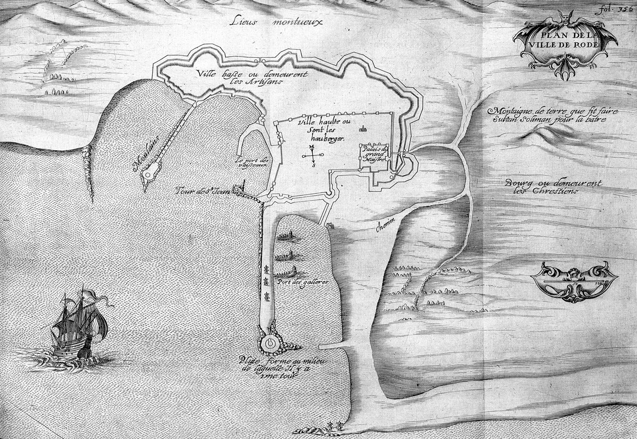Plano de Rodes (Rodes) - em "Voyage de levant made by the command of the king in the year 1621", editado em 1629 (sob o reinado de Luís XIII Le Juste) de Unknown artist